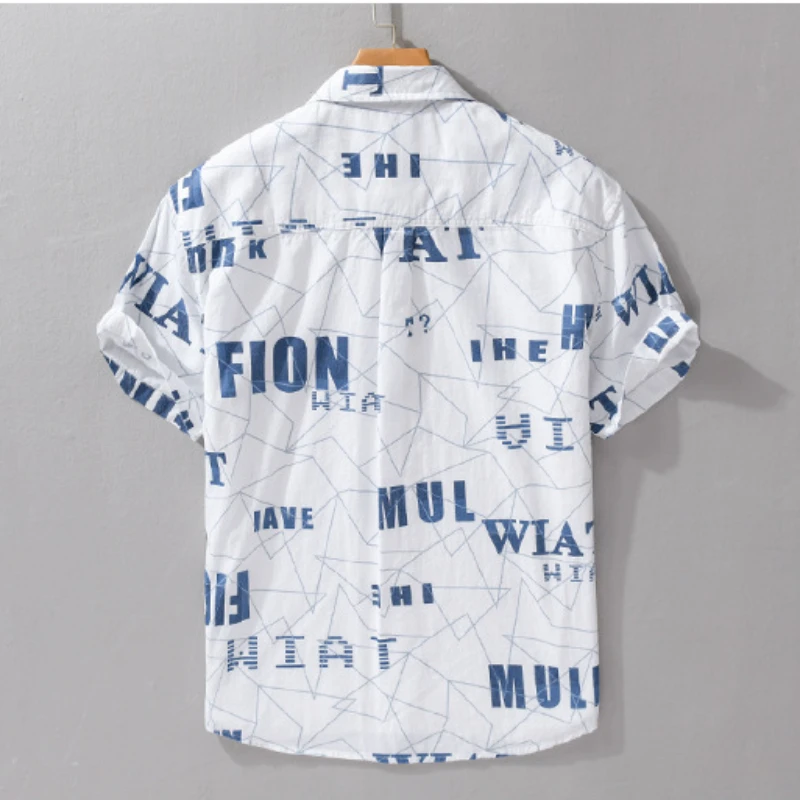 2024 Summer New Pure Cotton Letter Printed Short Sleeve Shirts Men Clothing Casual Simple Thin Soft Streetwear FY543