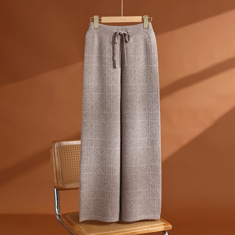 Women's Diamond Pattern Thickened Diagonal Straight Leg Pants Autumn Winter Warm 100% Merino Wool Knitted Casual Long Trousers