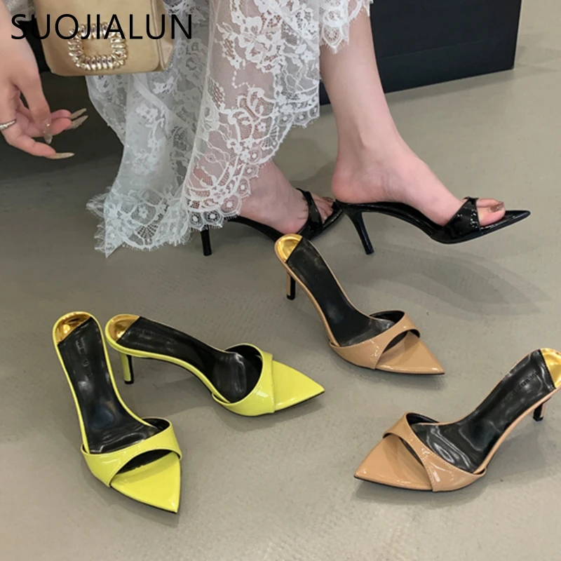 

SUOJIALUN 2025 новые брендовые женские тапочки, модные женские туфли без шнуровки с острым носком, элегантные шлепанцы, уличные модельные туфли на тонком высоком каблуке, песочные туфли