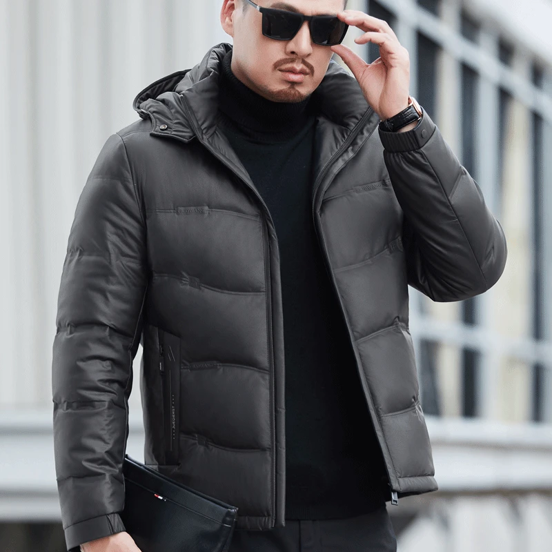 YXL-6628 hiver nouveau hommes en cuir véritable vers le bas manteau en cuir de mouton décontracté à capuche perfecWarm manteau épaissi