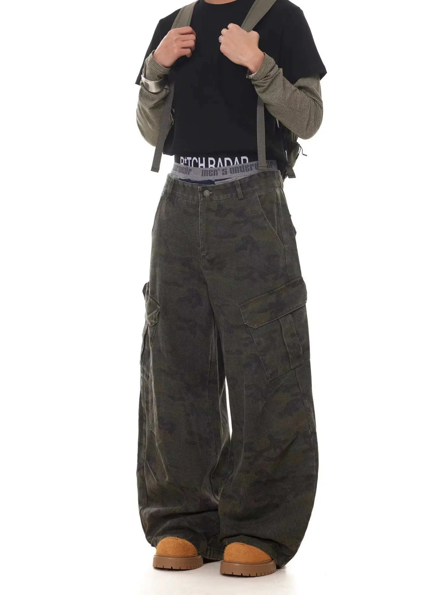 

American Retro Multi-pocket Camouflage Silhouette Scimitar Jeans Niche Baggy Wide-leg Sickle Casual Pants Hoodies Men's Clothing