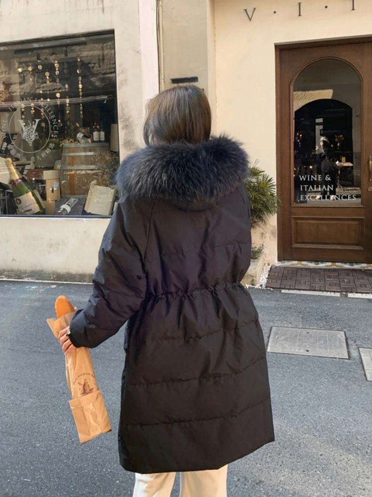 여성용 두꺼운 따뜻한 푹신한 패딩 재킷 신상 겨울 오버사이즈 탑 의류 한국 스타일 긴 후드 화이트 덕다운 코트 여성용