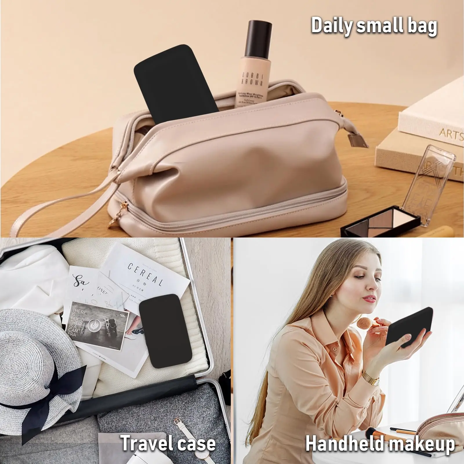 Miroir de maquillage de voyage avec éclairage LED, miroir de poche, double face, intensité variable, aste par USB, écran tactile portable