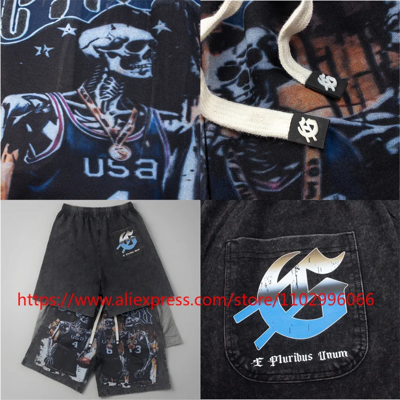 

New GOD High Street SPEED Shorts Loose Casual Retro Skeleton Print Washing Water Black Elastic Waist Pull-string Shorts