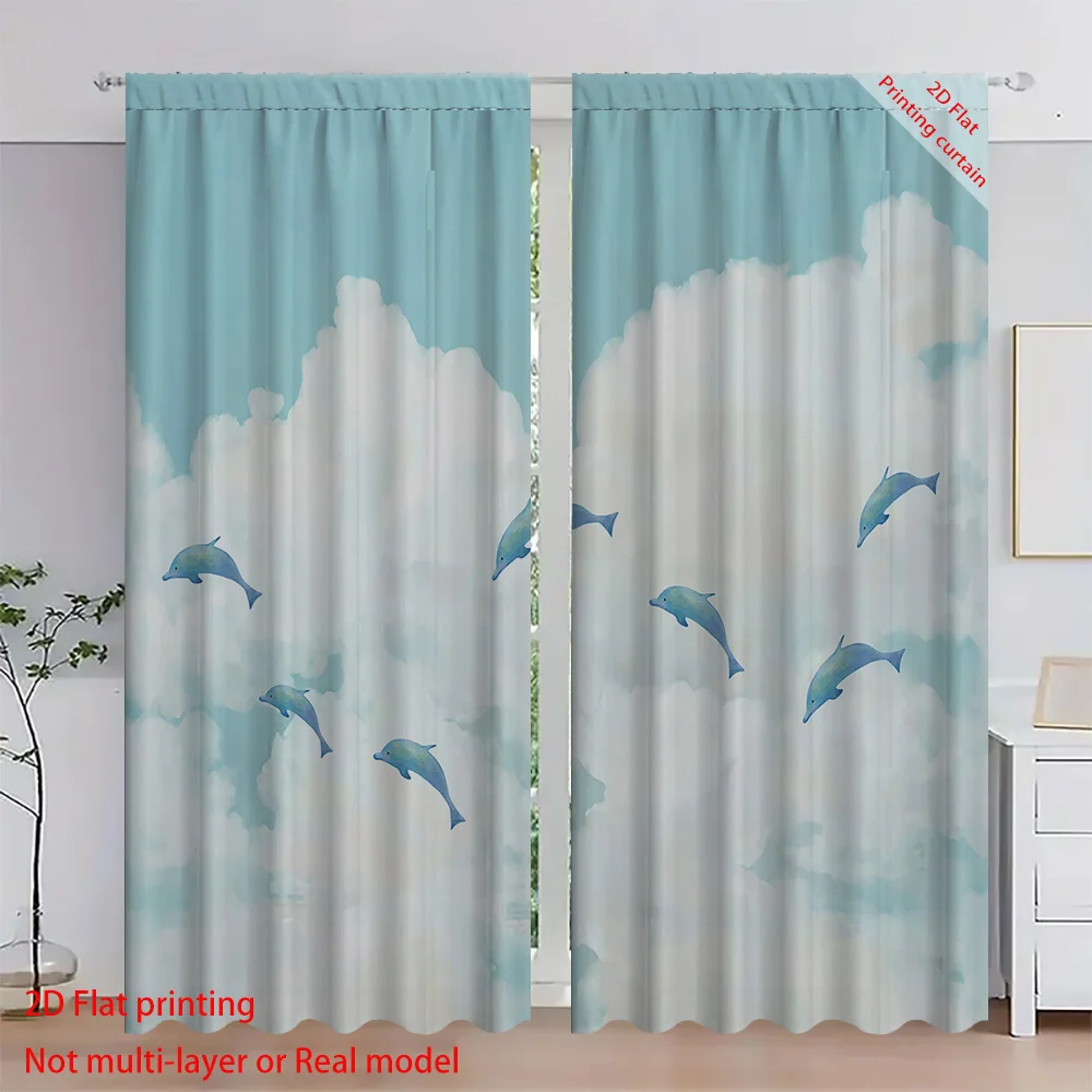 Cartoon dolphin curtains, dreamy Bohemian home decor sunshades, suitable for dormitories, offices, bedrooms, balcony curtains