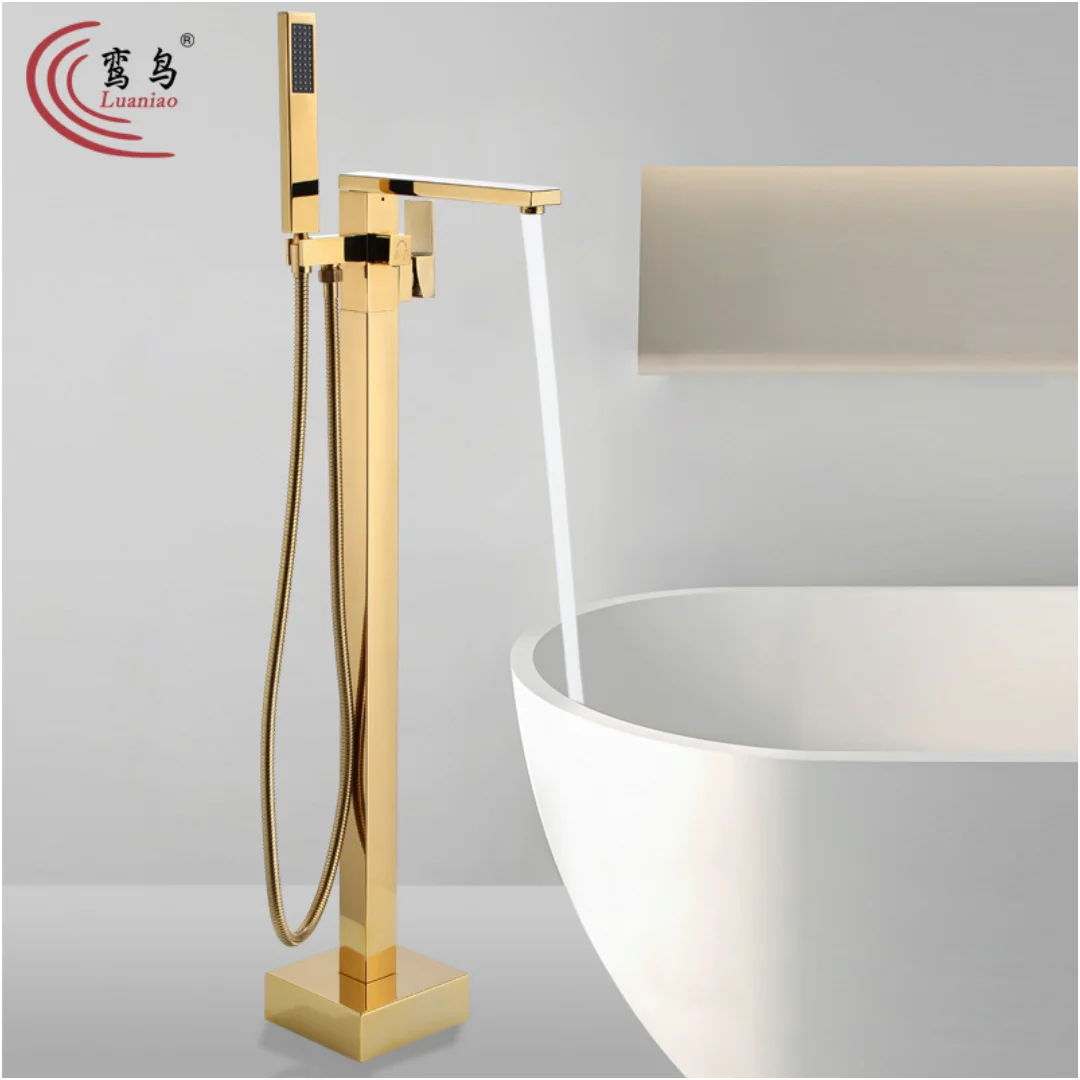 Gold Freestanding Bathtub Faucet with Hand Shower Tub Filler Faucet Floor Mounted Single Handle Bath Filler Lead-Free Solid