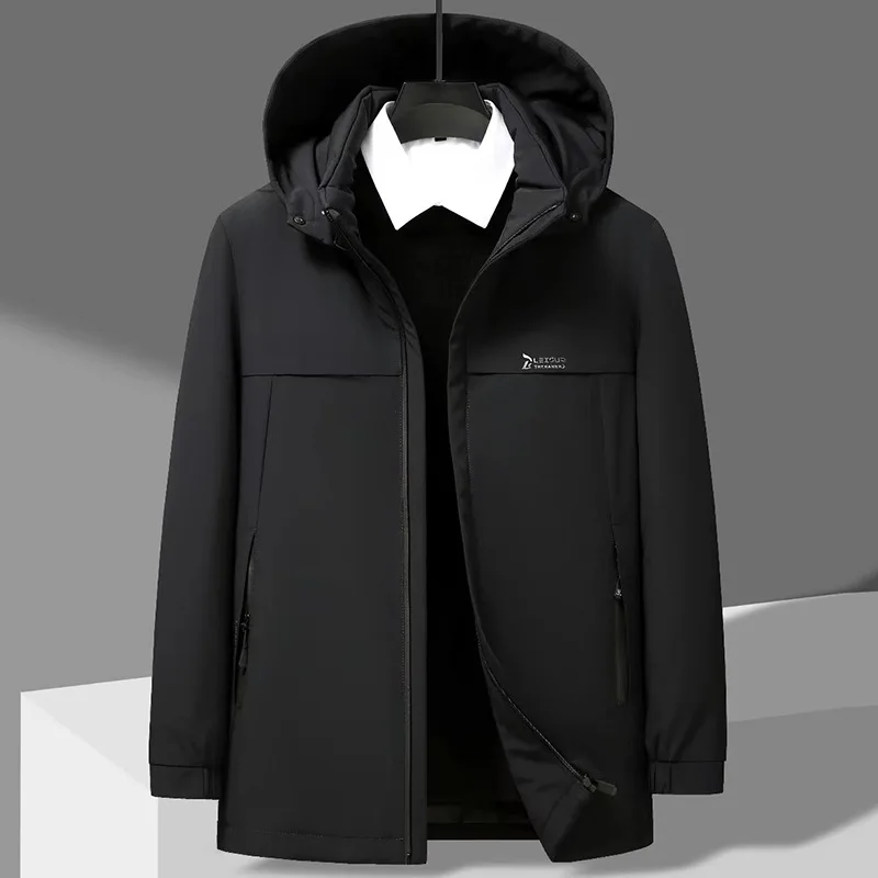 Down Jacket Men's Mid Length Solid Color Thickened Warm Winter Jacket with Detachable Inner Liner