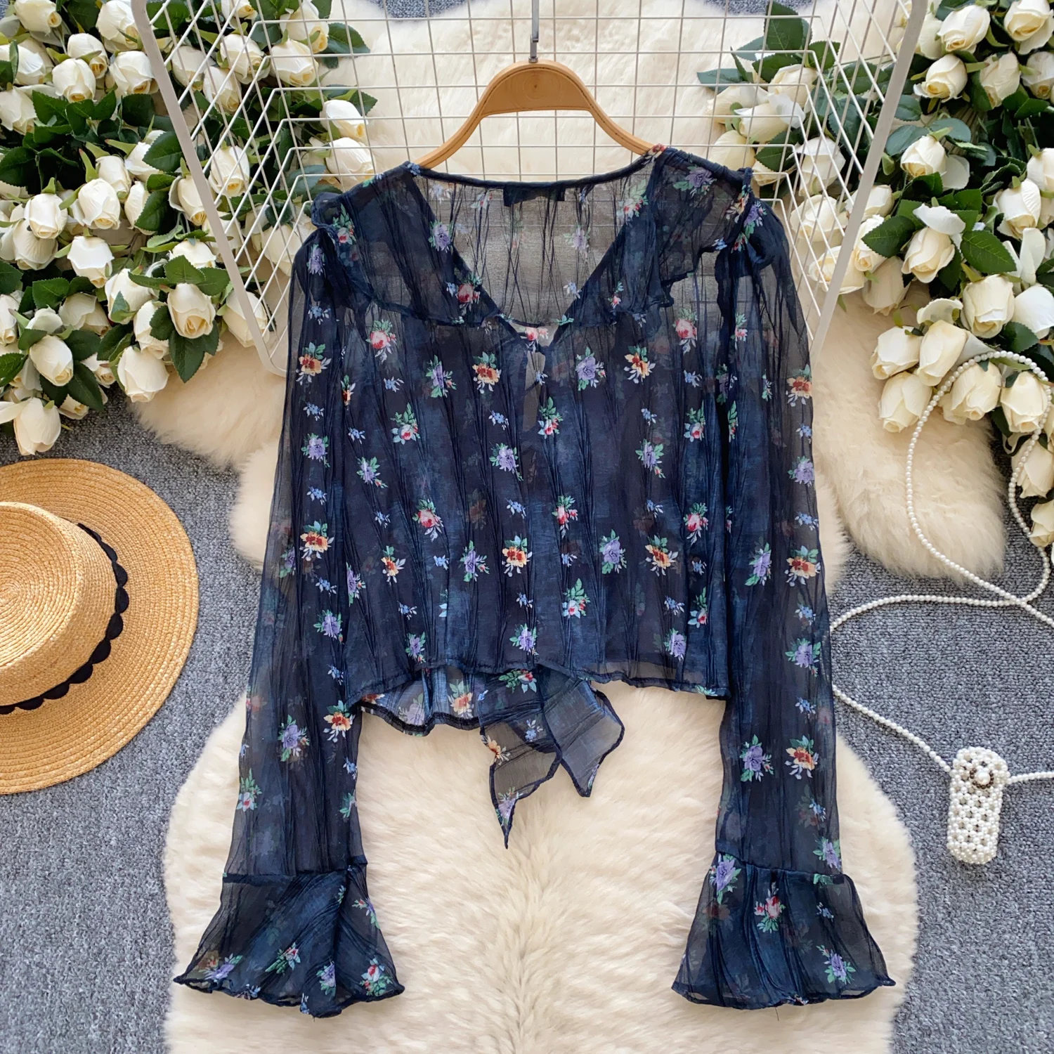 Verão elegante blusa para mulheres malha gravata plissado feminino topos praia férias fina colheita topos novo em 2025 chique pura bandagem