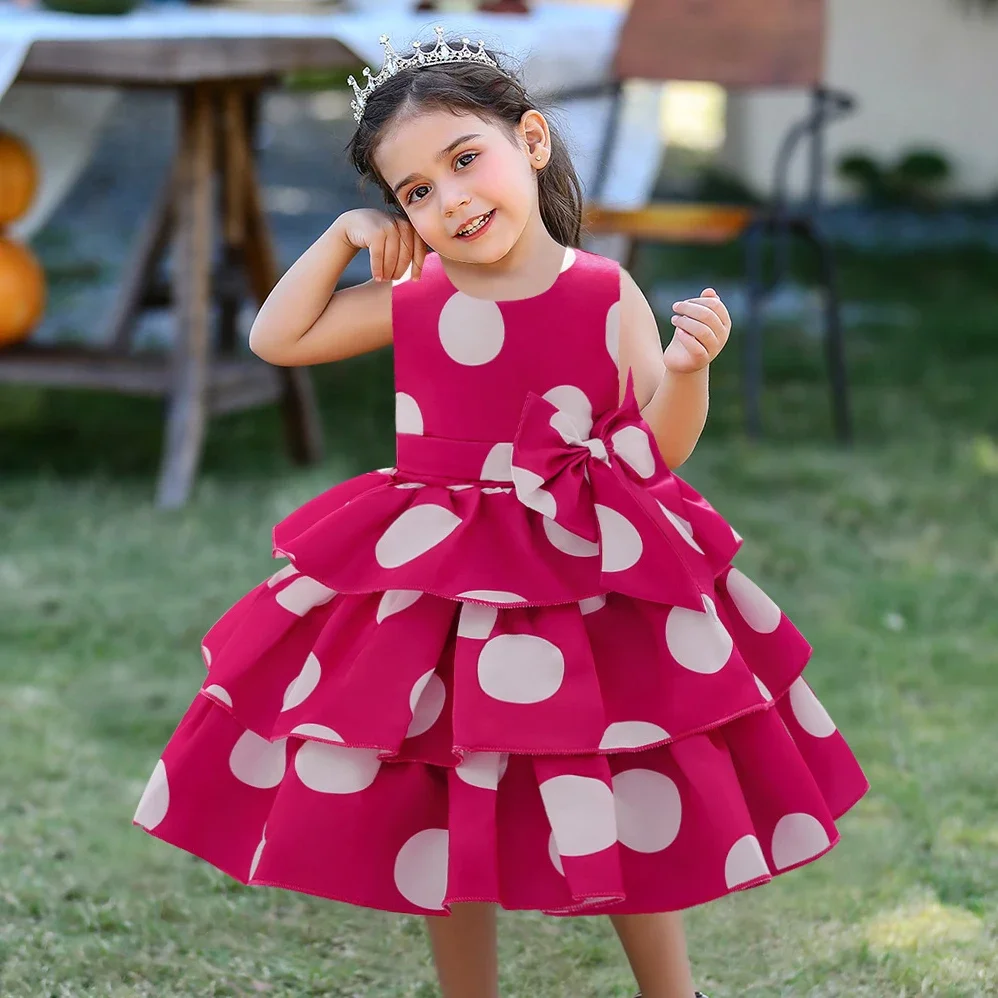 Hot Pink Baby Girls Party Dresses Infant Polka Dots Bow 1st Birthday Wedding Dress For Kids Girl Princess Christmas Ball Gown