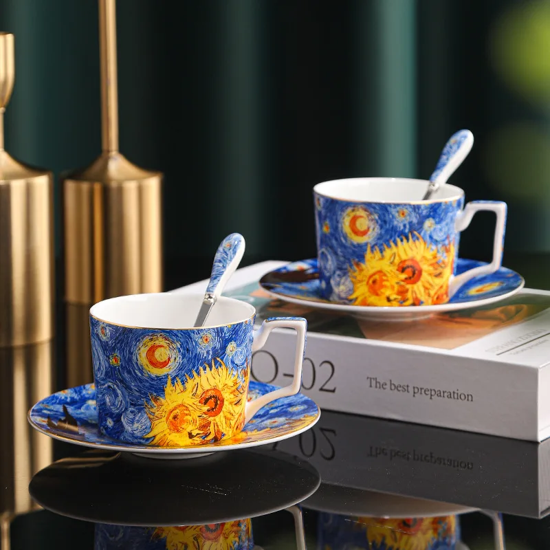 Van Gogh Star Moon Sunflower Bone Porcelain Coffee Set Coffee Cup Afternoon Tea Cup Saucer Mug Gift Box Set Creative 3