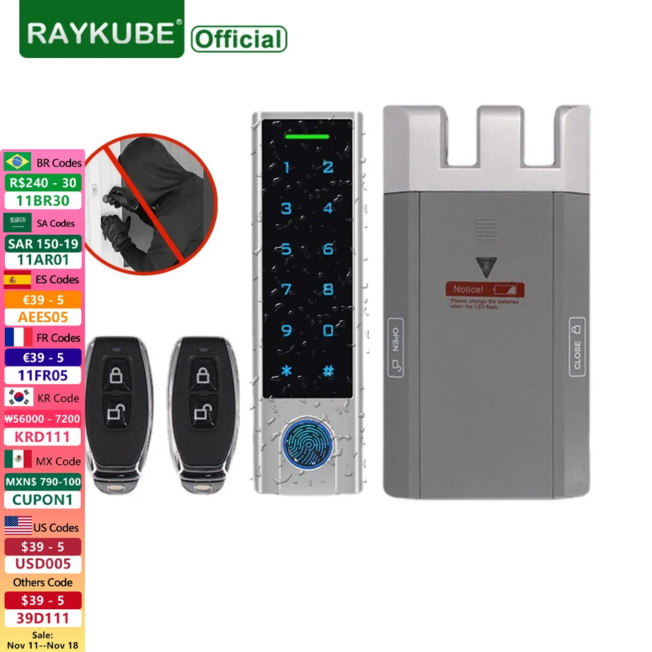 

RAYKUBE Electronic Fingerprint Smart Door Lock Kit Anti-theft Invisible Interior Lock With Remote Controller For Self Defense