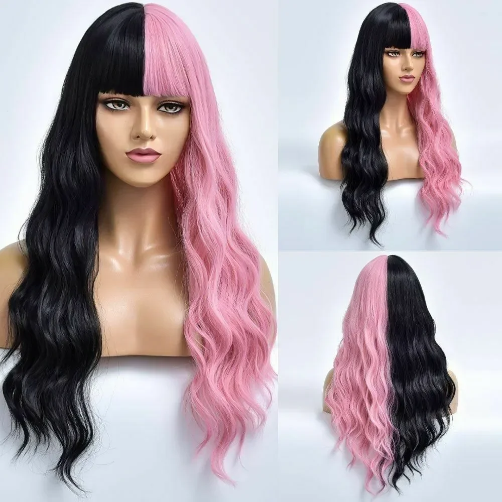 

Long Wavy Synthetic Wig Half Black Pink Cosplay Natural Fiber Women Daily Hairs