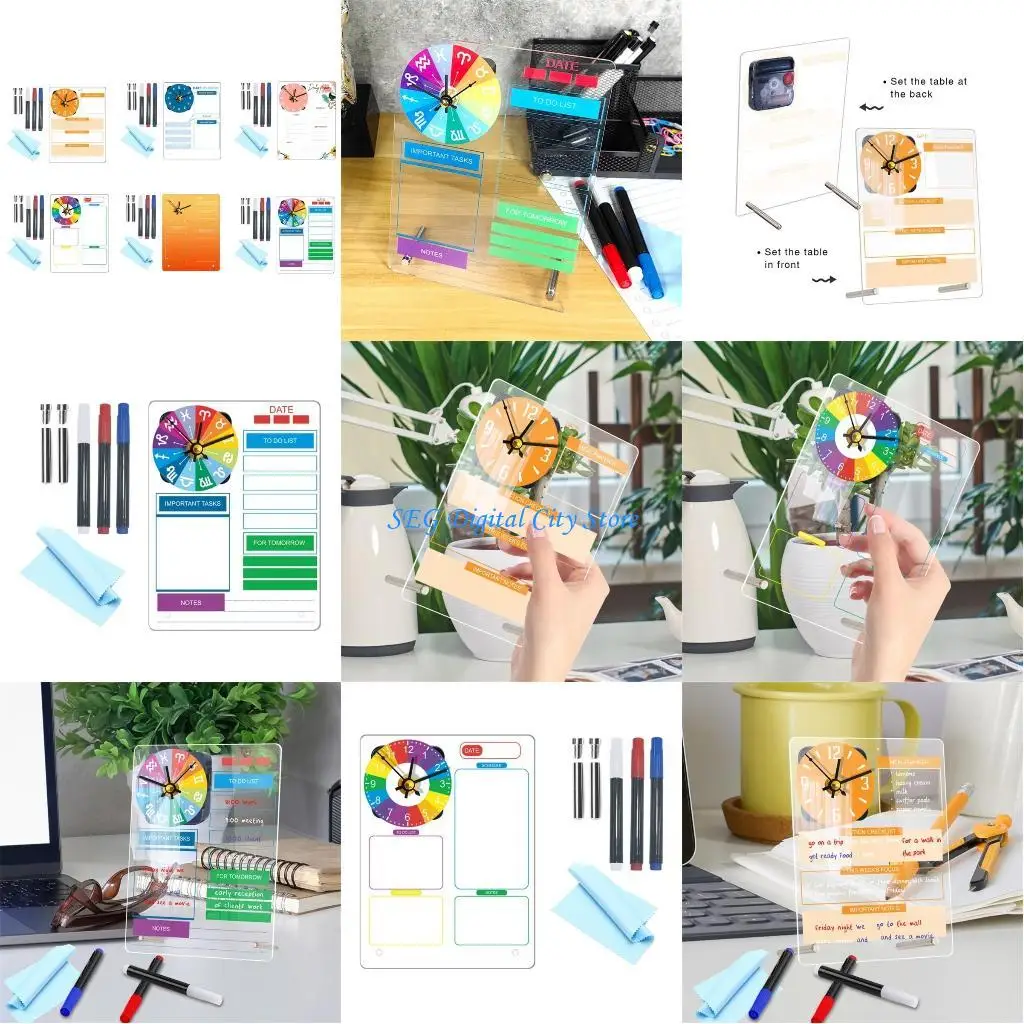 

U75B Desk Acrylic Memo Board with Clock, Clear Acrylic Planner Board Daily To-do-list Board for Office Desk Note Memo Board