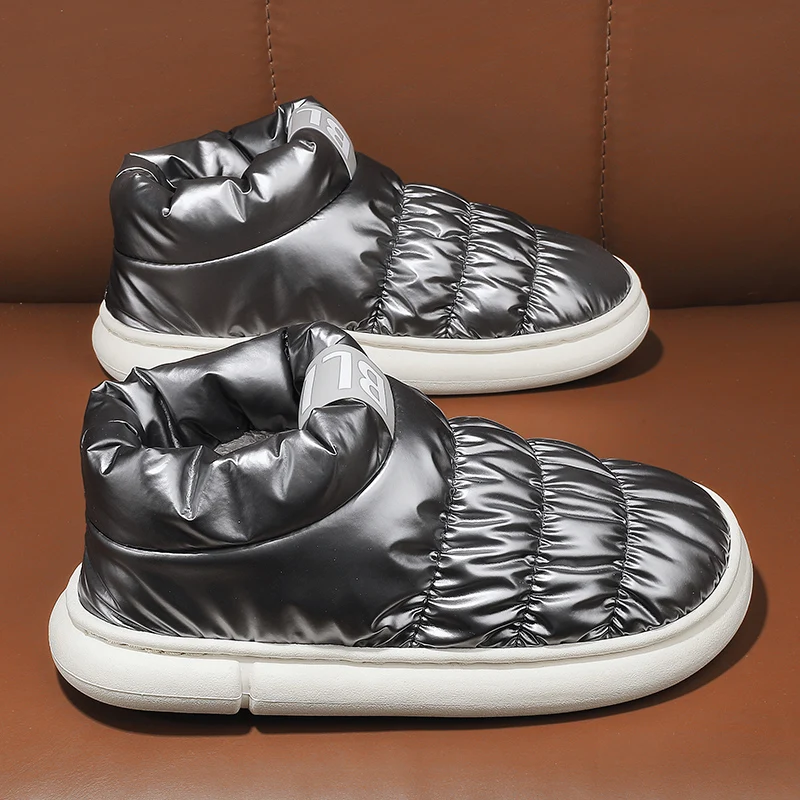 

Лидер продаж, серебряные зимние ботинки, мужская теплая плюшевая мужская зимняя обувь, уличные ботинки без шнуровки на меху, мужские и женские хлопковые туфли botas de nieve