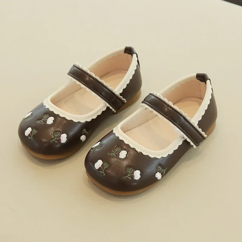 

Leather Shoes Children Spring Summer Embroidered Girls Soft Soles Lace Girls Round Toe Breathable Single Shoes Princess Shoes