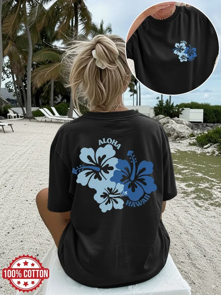 Women's Summer Casual T-Shirt: ALOHA HAWAII Hibiscus Print Fresh Style Crew-Neck Short-Sleeve T-Shirt Streetwear