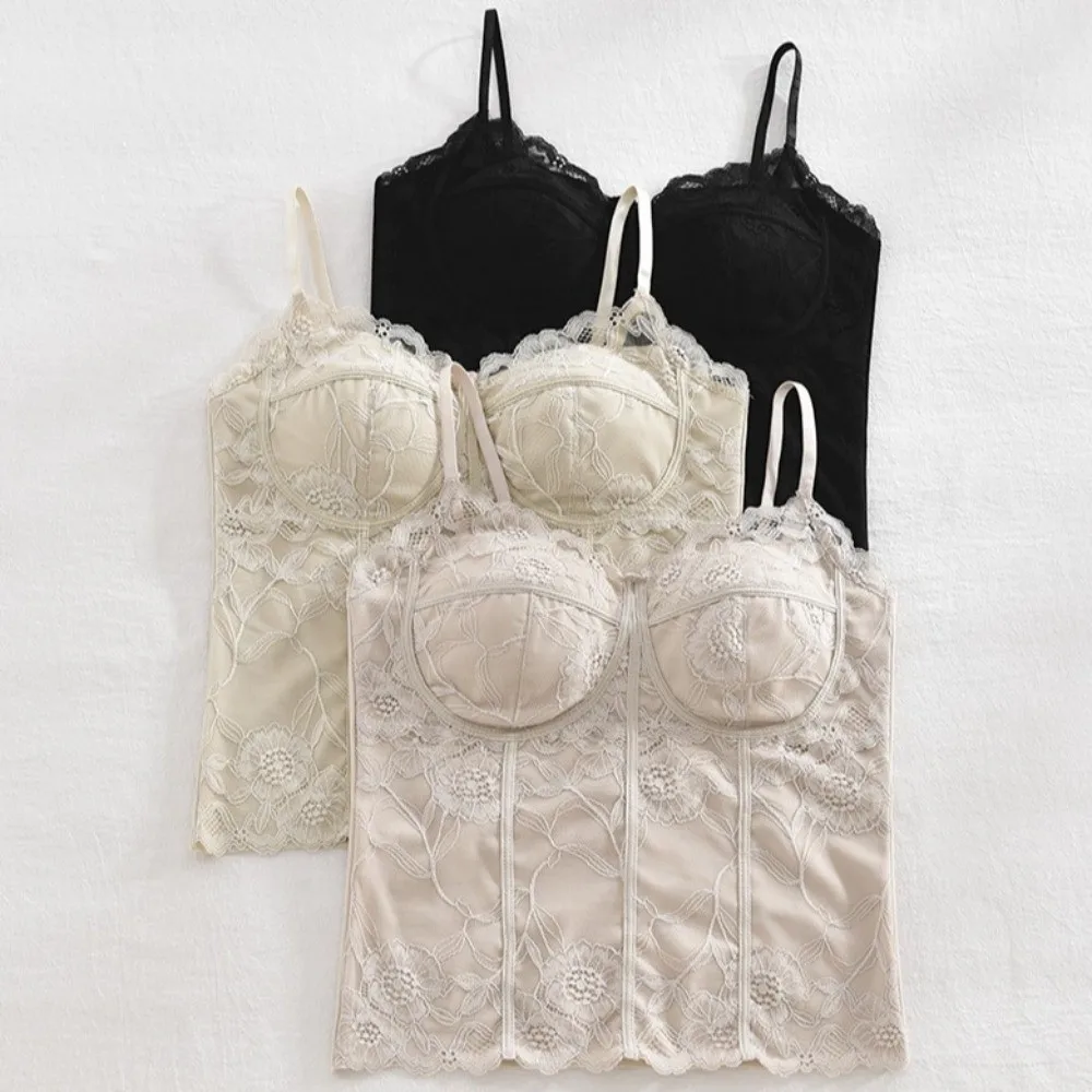 ファッションメッシュフラワー スリムレースクロップトップ ボトムシャツ フィッシュボーンライン ガールズベストトップ Vネックベスト キャミソール パッド付き レディース