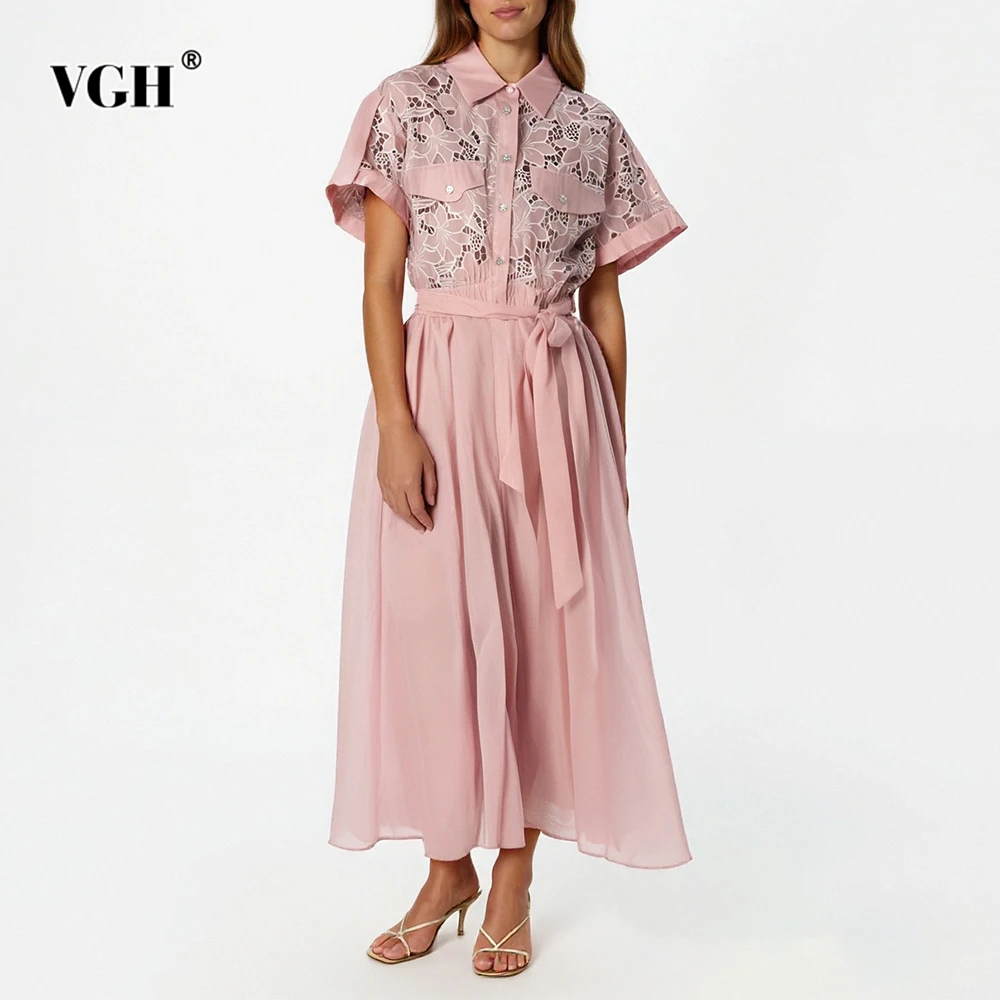

VGH See Through Spliced Hollow Out Dress for Women Lapel Short Sleeve High Waist Patchwork Lace Up Solid Dresses Female Summer