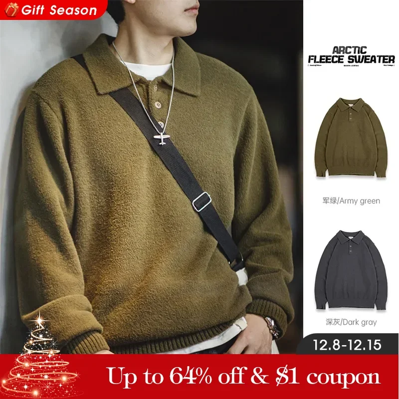 Maden Suéter polo masculino vintage de imitación de piel de visón suéter grueso de cuello vuelto para otoño e invierno botones de resina mate