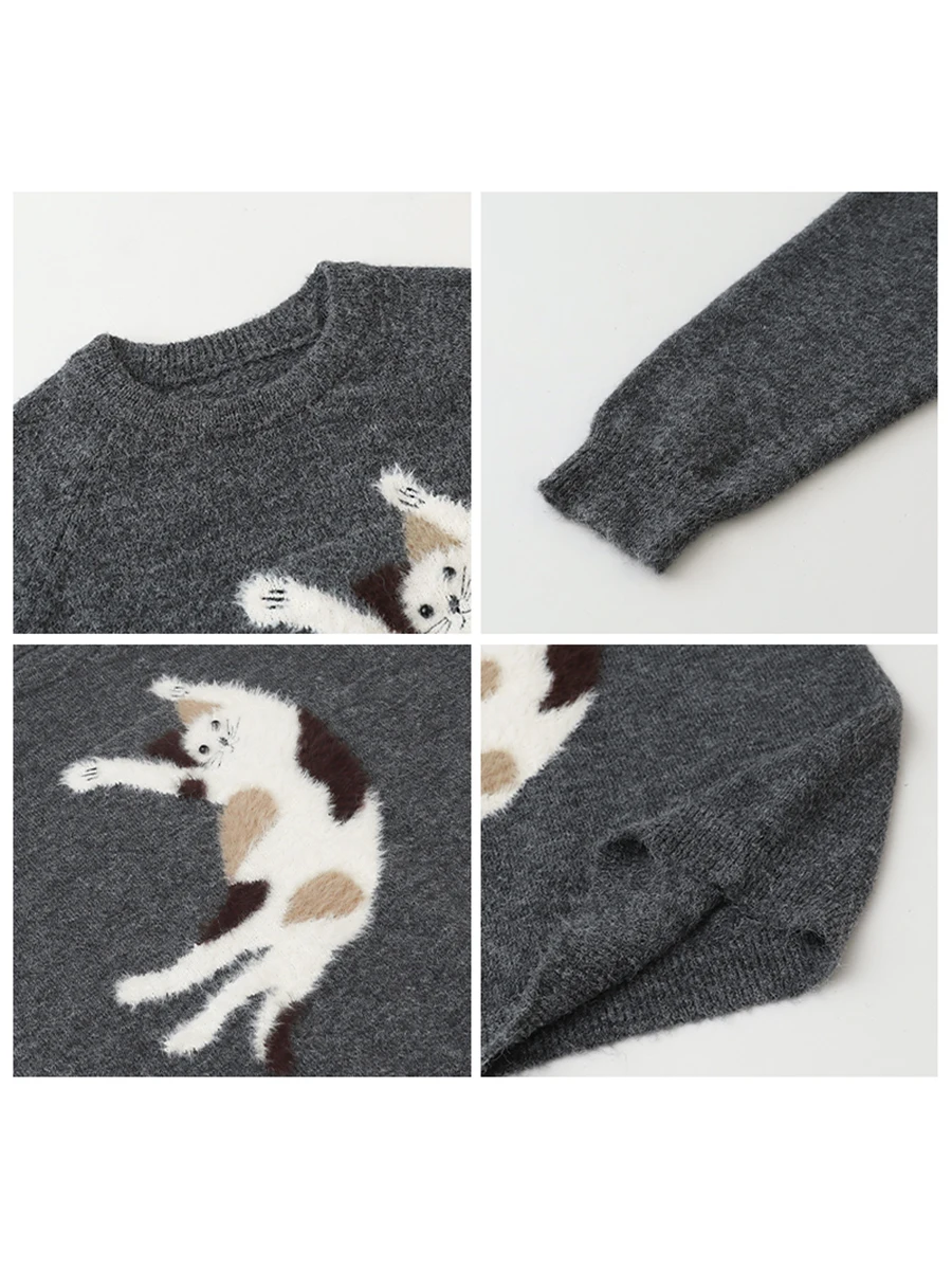 Women’s Loose Fit Cartoon Cat Sweater - Cozy Autumn Knit