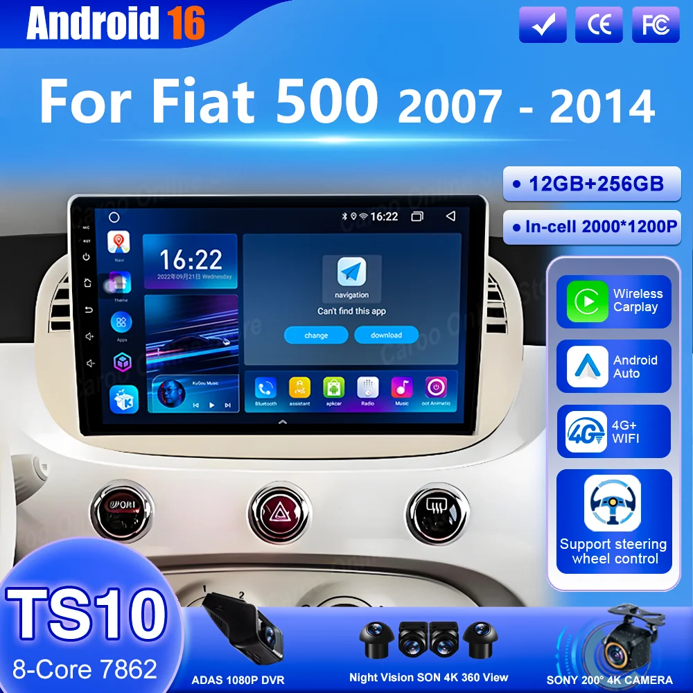 Android 16 For Fiat 500 2007-2014 Car GPS Navigation Carplay Multimedia Video Player Head Unit High-Performance CPU 4G Bluetooth