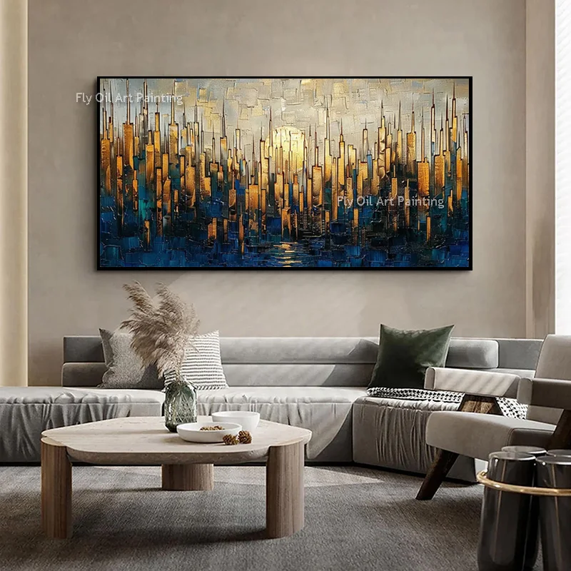 

Large Popular Gold Foil Wall Art Green Blue And Yellow Oil Painting Handpaited Black And Golden Yellow Artwork For Living Room