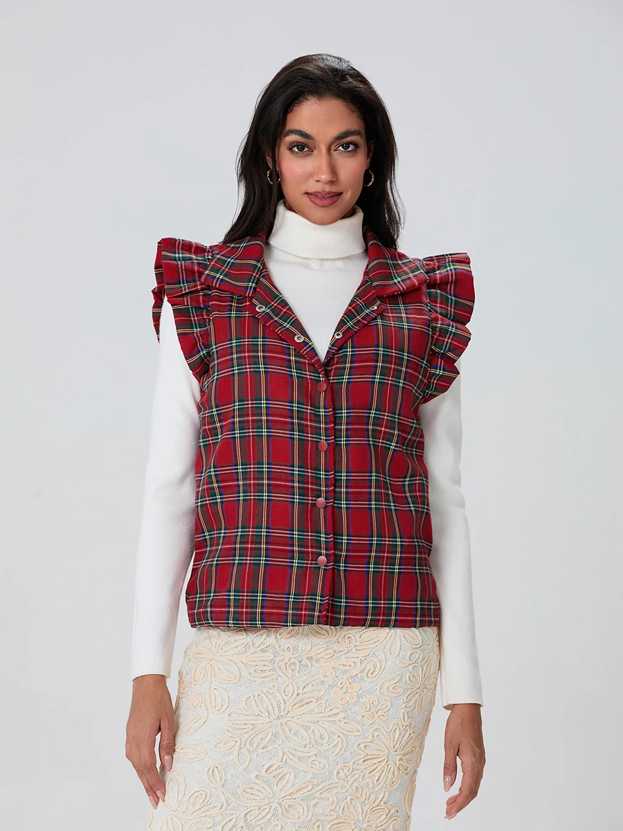 New Fashion Women Christmas Plaid Cotton Vest Turtle Neck Snap-Up Flutter Sleeve Casual Lightweight Waistcoat Hot Sale S-XL