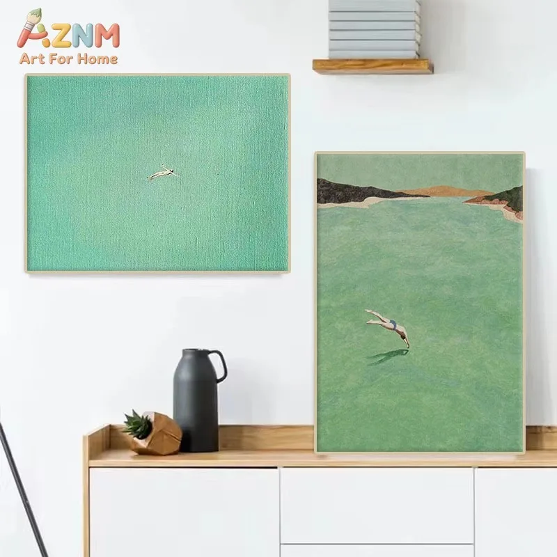 AZNM Retro Aerial View Diver Swimming Pool Canvas Wall Art, Minimalist Turquoise Summer Ocean Print, Frameless Vintage Coastal H
