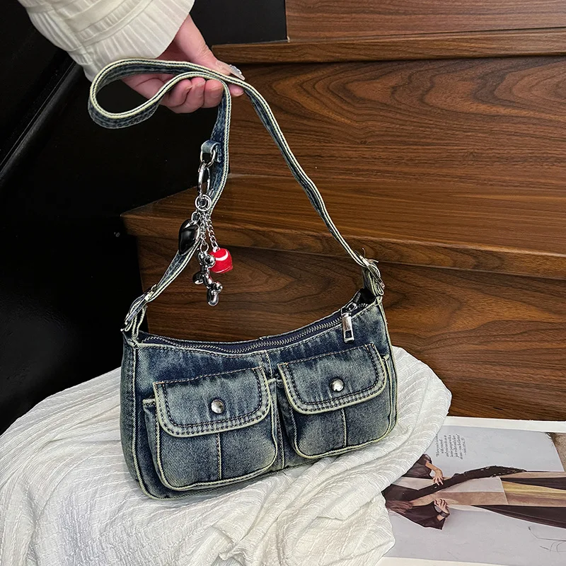

2025 New Fashionable Versatile Commuter Hong Kong Style Retro Distressed Denim Underarm Bag Women's Shoulder Handbag