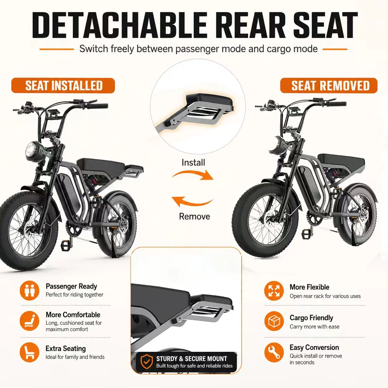 Fat Tire Electric Bike 1000W Peak Motor, 48V 15Ah Battery 40-60MI Range, 20x4.0