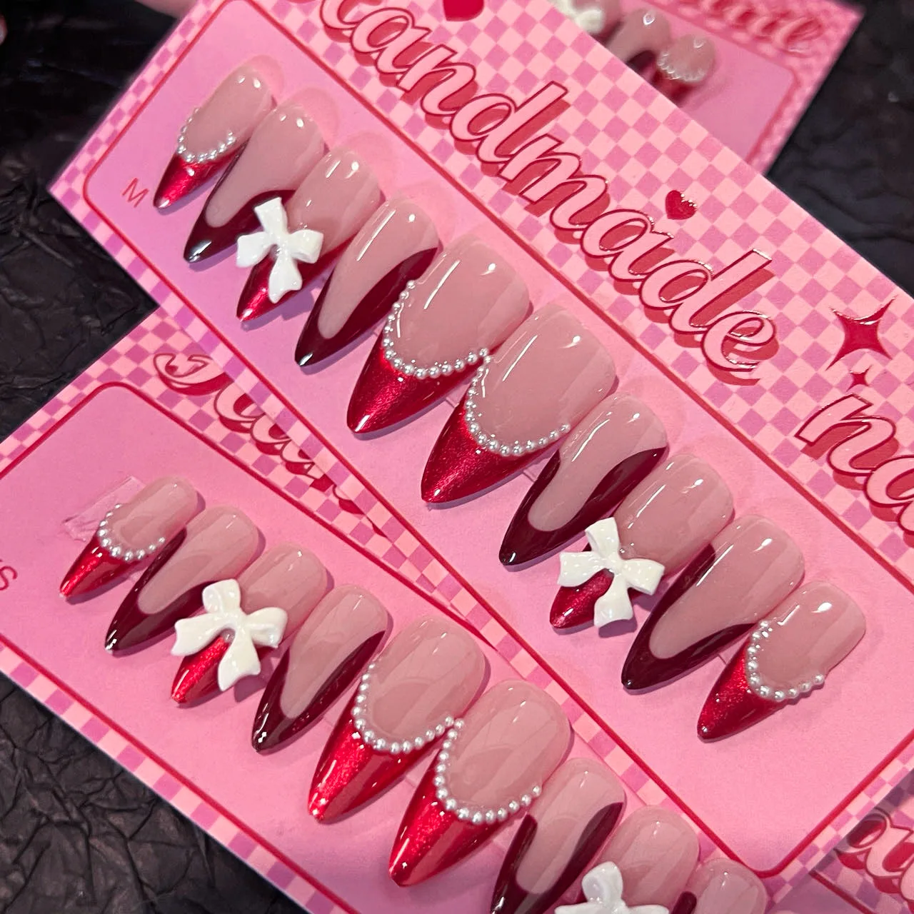 Handmade Press on Nails White 3d Bow Design Sweet Korean Style False Nails Full Cover Wearable Red French Almond Fake Nail Tips