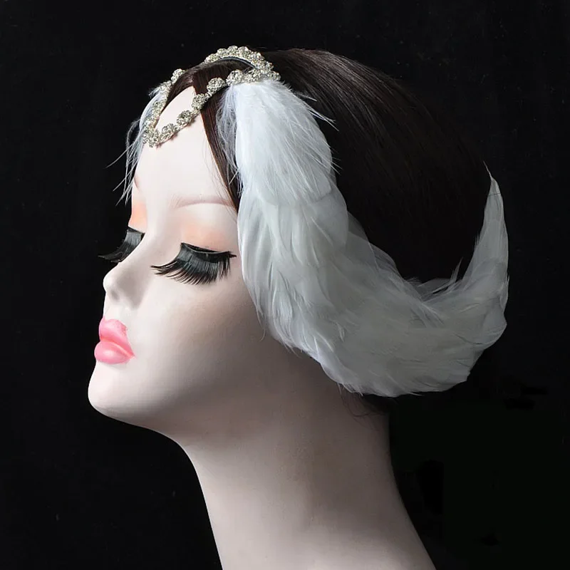 Children and Adults Swan Lake Ballet White Feather Headband with Diamond Studded Rhinestones, Princess Black Ballet Feather Head