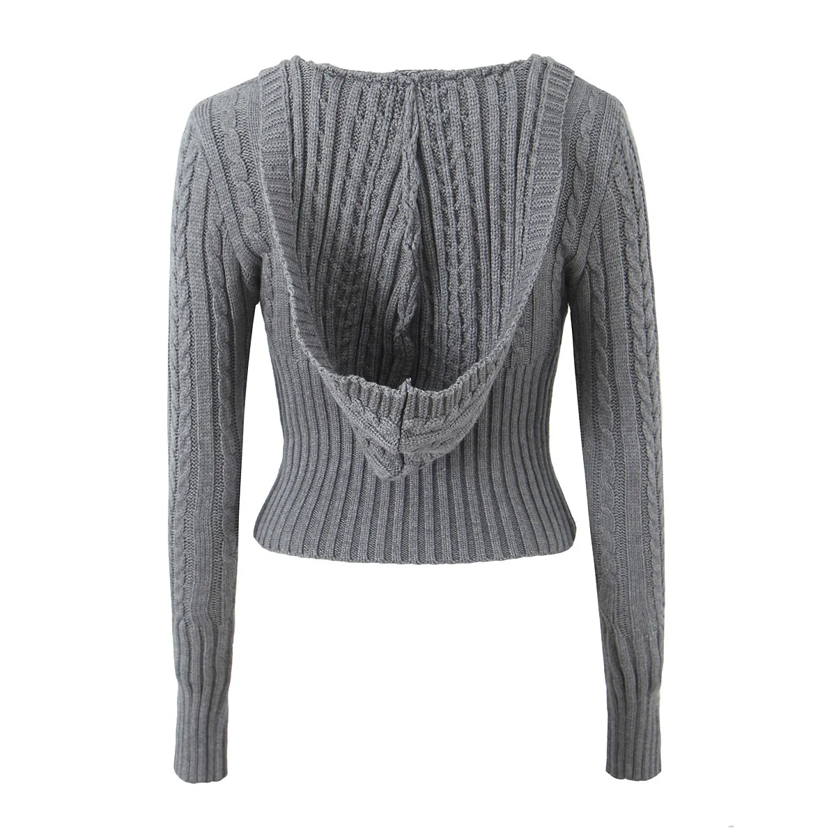 2024 Women Solide Gray Twist Line Knitted Hooded Sweater Vintage Slim Crop Pullover Knitwear Full sleeve Jumper Tops White