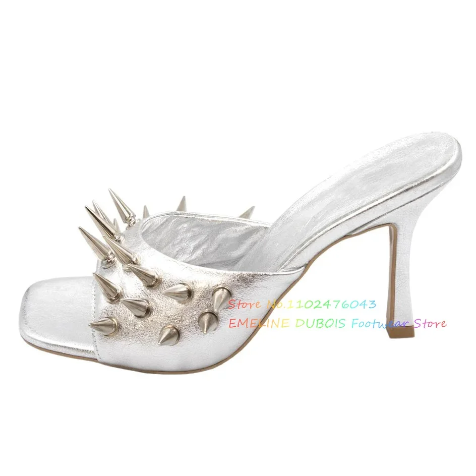 Extra Long Silver Spikes Mules Sqaure Toe Black Patent Leather Rivets High Heel Slippers Ladies Designer Brand Dress Shoes