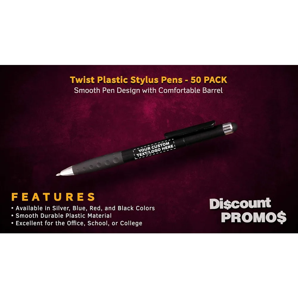 50 عبوة من أقلام القلم البلاستيكية الملتفة القابلة للتخصيص مع نص وشعار شخصي - أسود - مثالية للمناسبات الترويجية