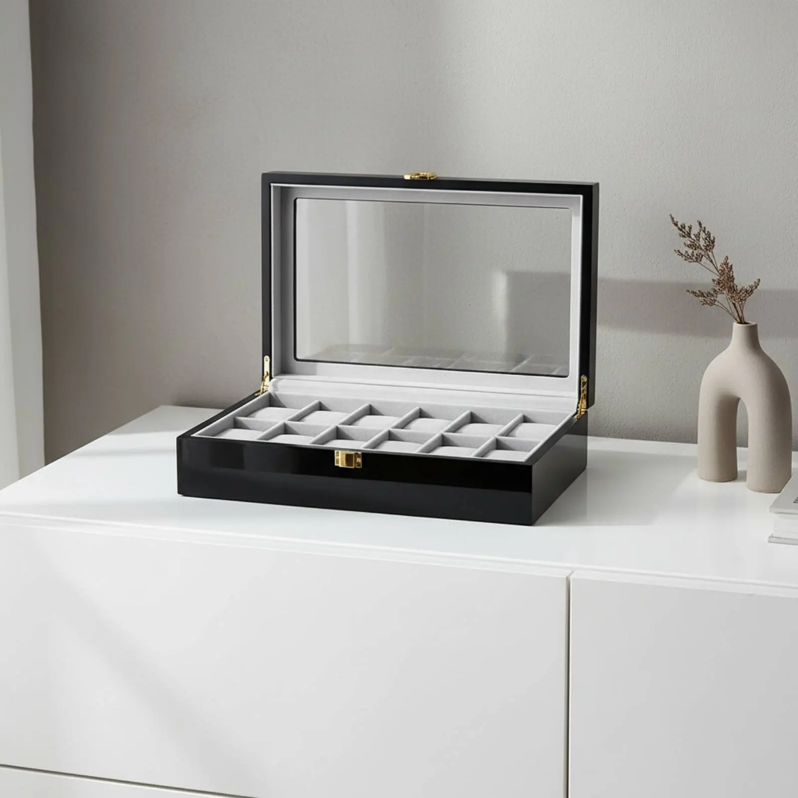 木製時計ディスプレイケース-ソフトインテリア枕付き-ラッカー塗装木製時計ホルダー-完璧なギフト-男性用メタルクラスプロック