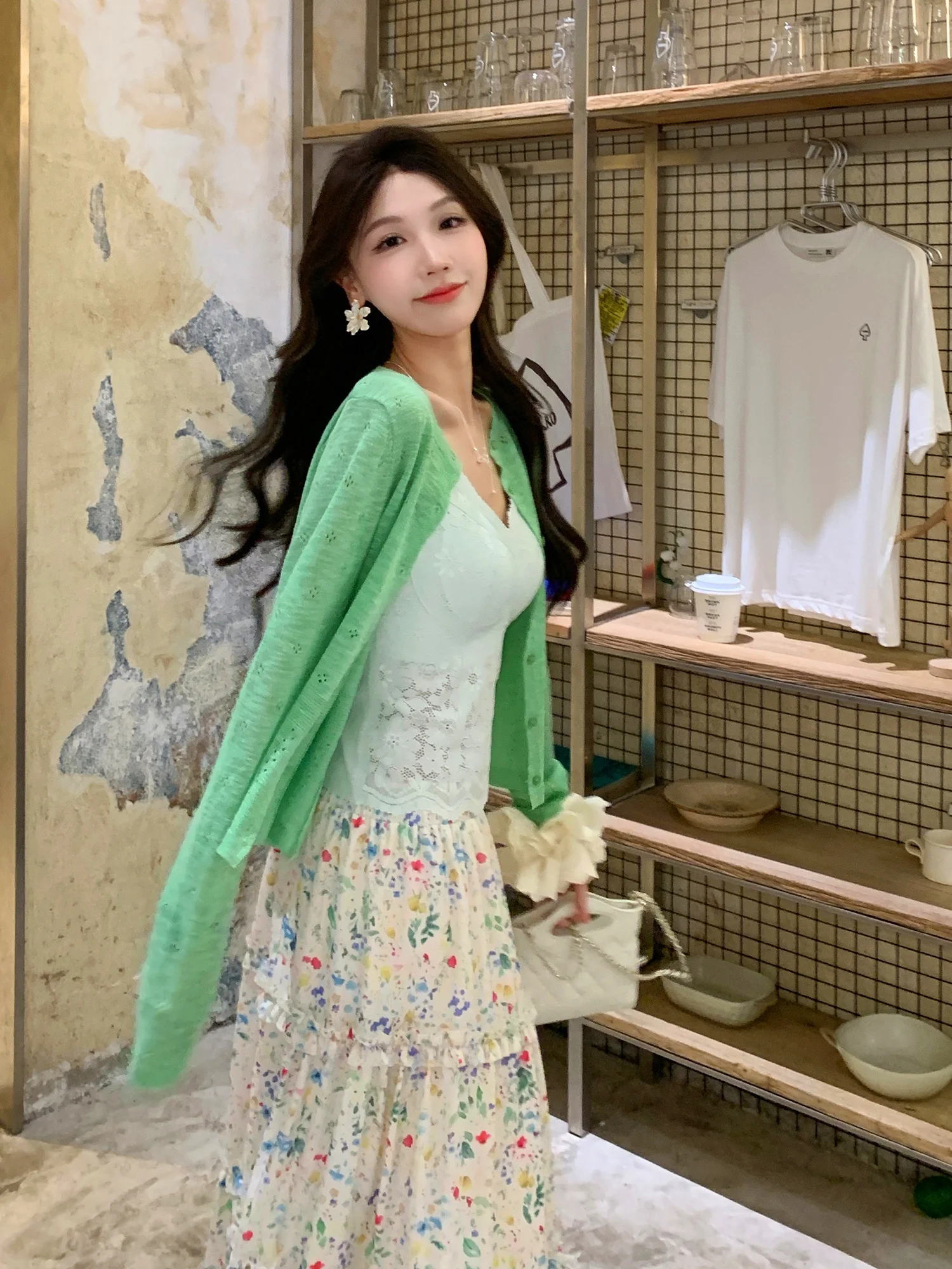 

Green Knitted Open Cardigan And Floral Half Skirt Set Women's Fashionable Spring Outfit Breathable Polyester Fiber Long Sleeve