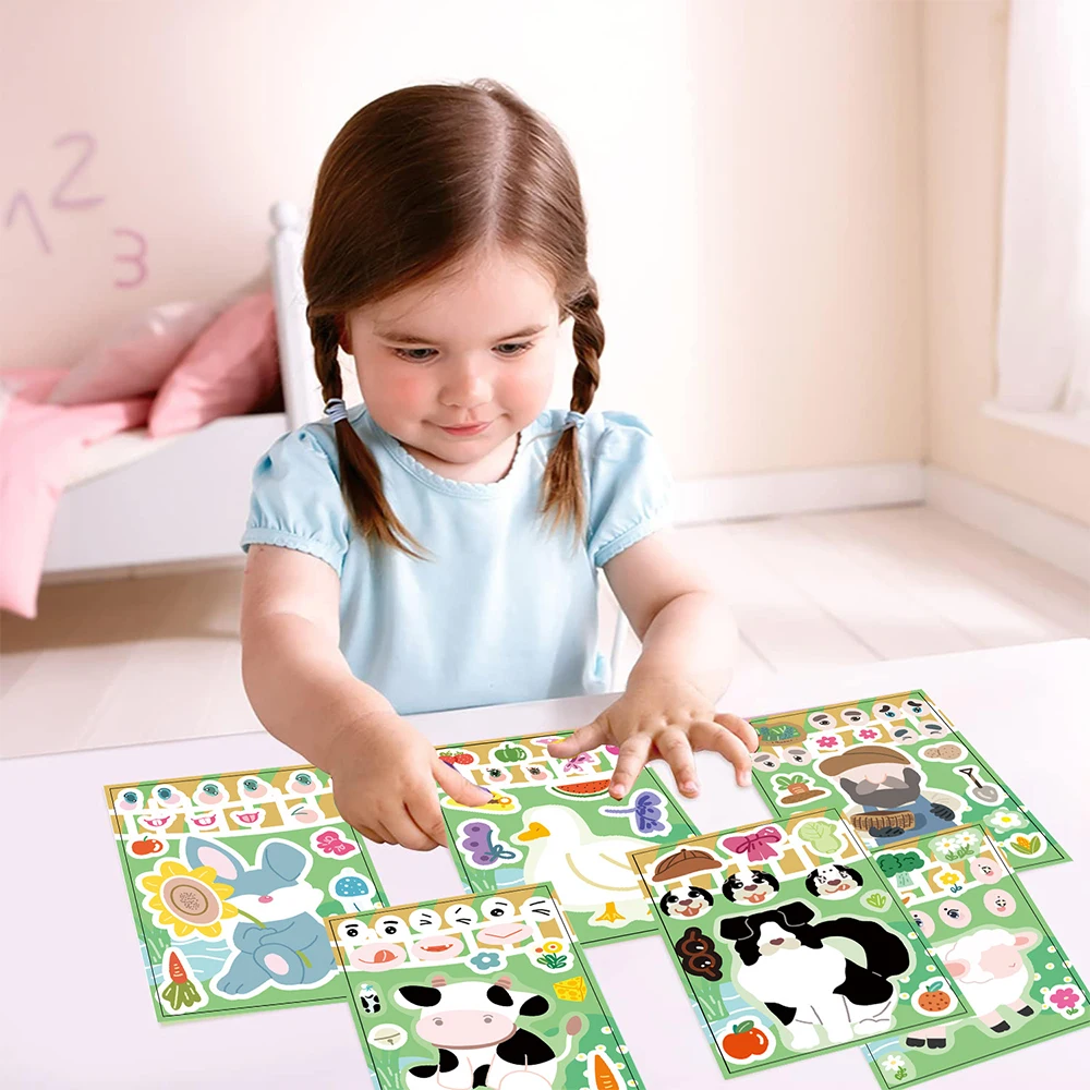 8/16 folhas dos desenhos animados bonito fazenda animal quebra-cabeça adesivos crianças diy vaca ovelhas fazer um rosto engraçado montar quebra-cabeça adesivo para brinquedo do miúdo