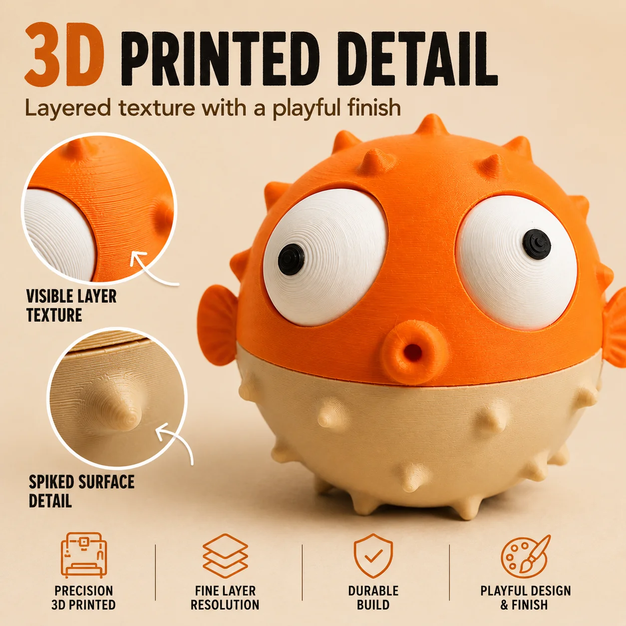 Cute Pufferfish Toy with Movable Eyes, 3D Printed Goofy Desktop Decor, Funny Round Fish Figurine Gift - view 6
