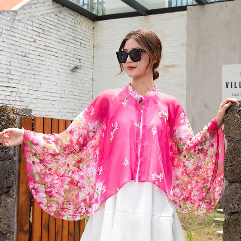 Summer Sunscreen Clothes Women Cycling Cloak Shawl Coat Chiffon Cloak Shawl Thin Style Lady Poncho Capes Pink