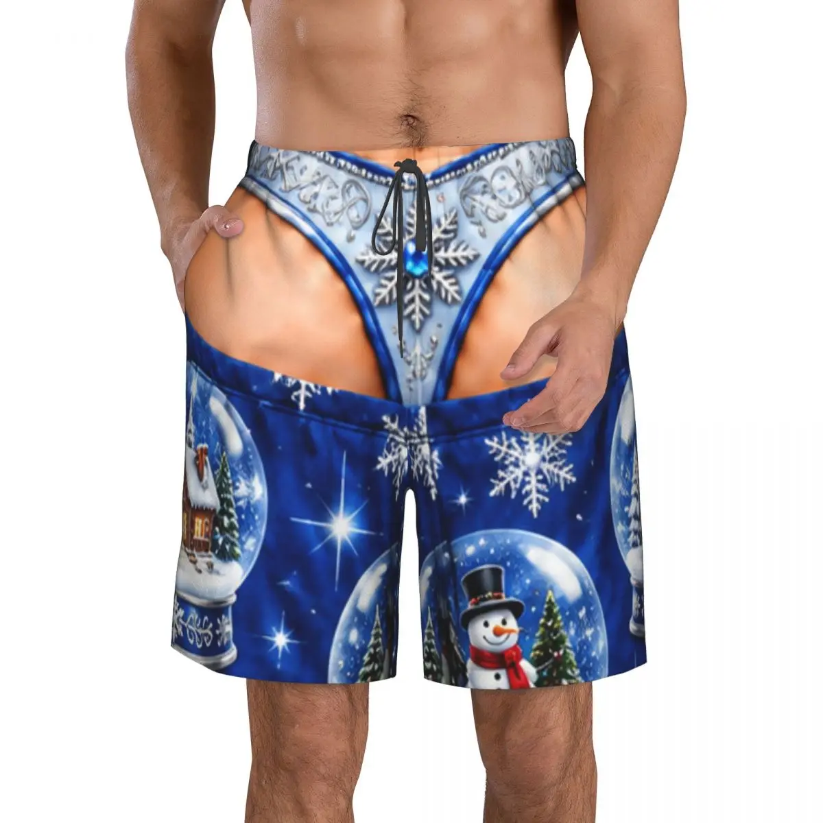 Mens Christmas Santa Claus Snowman Swim Trunks Board Shorts with Mesh Lining Hawaii Beach Shorts Swimwear Bathing Suits