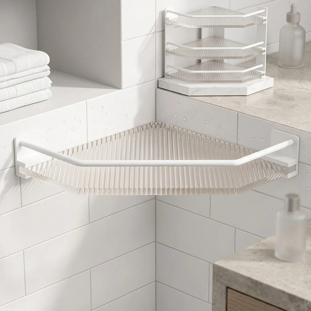 Modular Corner Bathroom Storage System with Interchangeable Units to Maximize Wall Space Without Drilling or Permanent Fixing