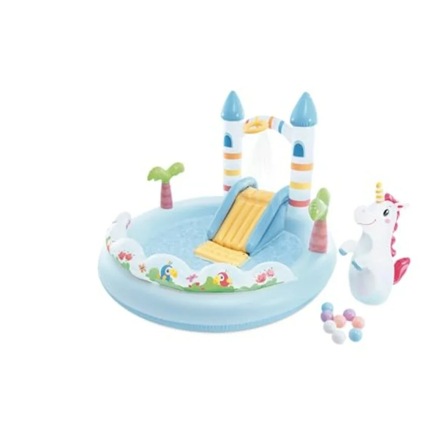 Backyard inflatable kiddie pool for ages 3+, PVC material, pastel pink and blue, includes water sprayer and slide for interacti