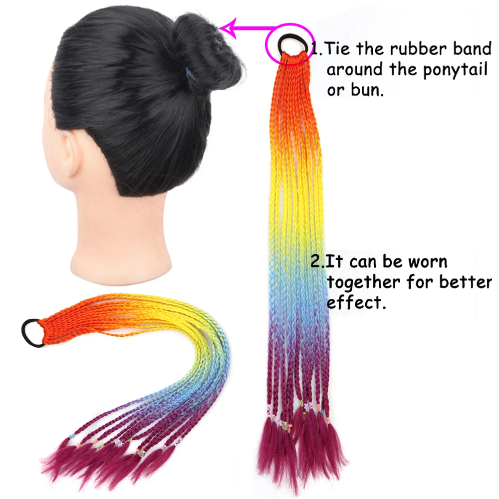 Girls Fake Overhead Braid Ponytail Hair Wig Rainbow Ornaments With Elastic Bands Head Wear Straight Kids Braid Pigtail Hairpiece