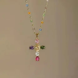 Exquisite Colorful Zircon Cross Pendant Necklaces for Women Stainless Steel Luxury Religious Charm Choker Party Jewelry