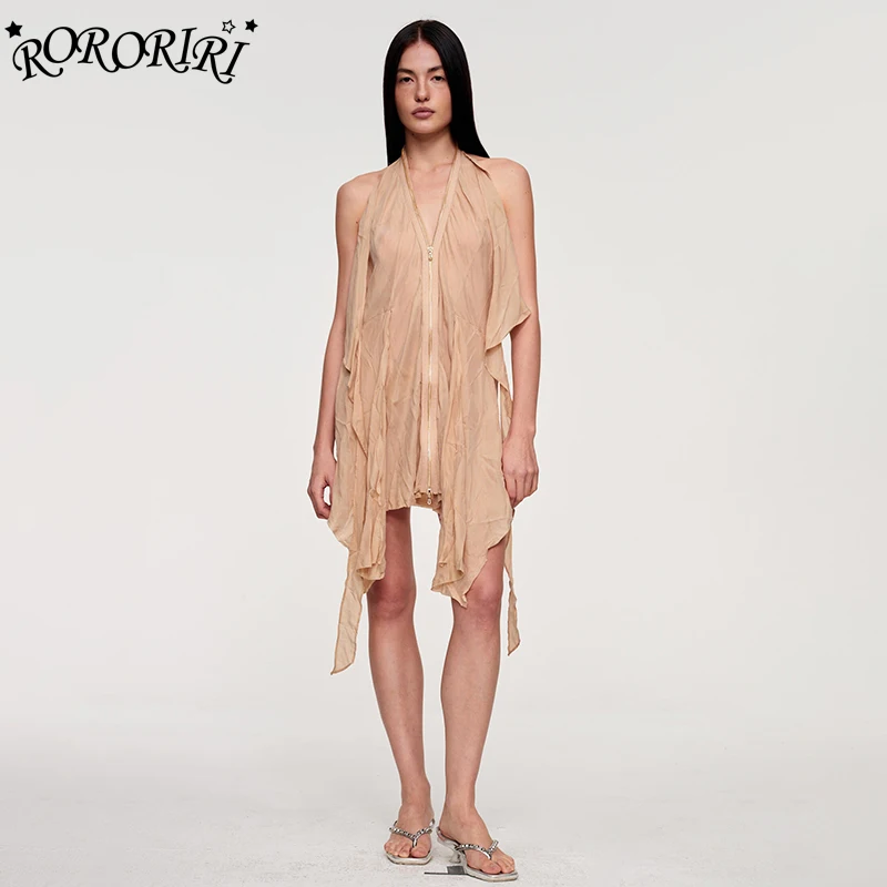 

RORORIRI Desire Off-shoulder Zip-up Halter Dress Women Flowy Belt Backless Sexy Loose Irregular Mini Dress Retro Summer Clothes