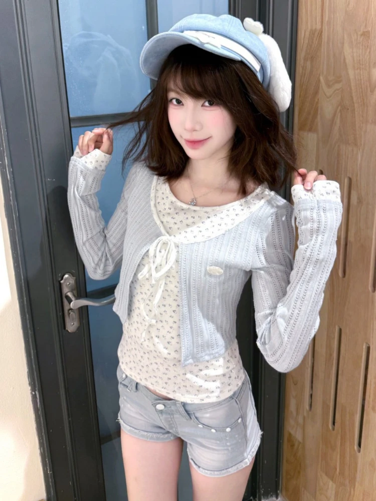 

Синий цветочный искусственный свитер из двух частей с длинными рукавами, осенний милый шаль с галстуком, короткий свитер, топ