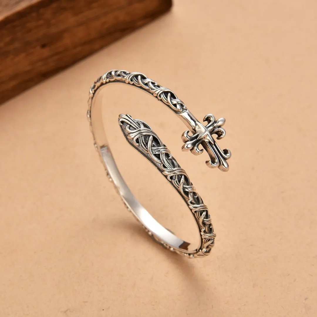 925 sterling silver bracelet eternal rattan cross ring open bracelet thai silver retro trendy stylish jewelry