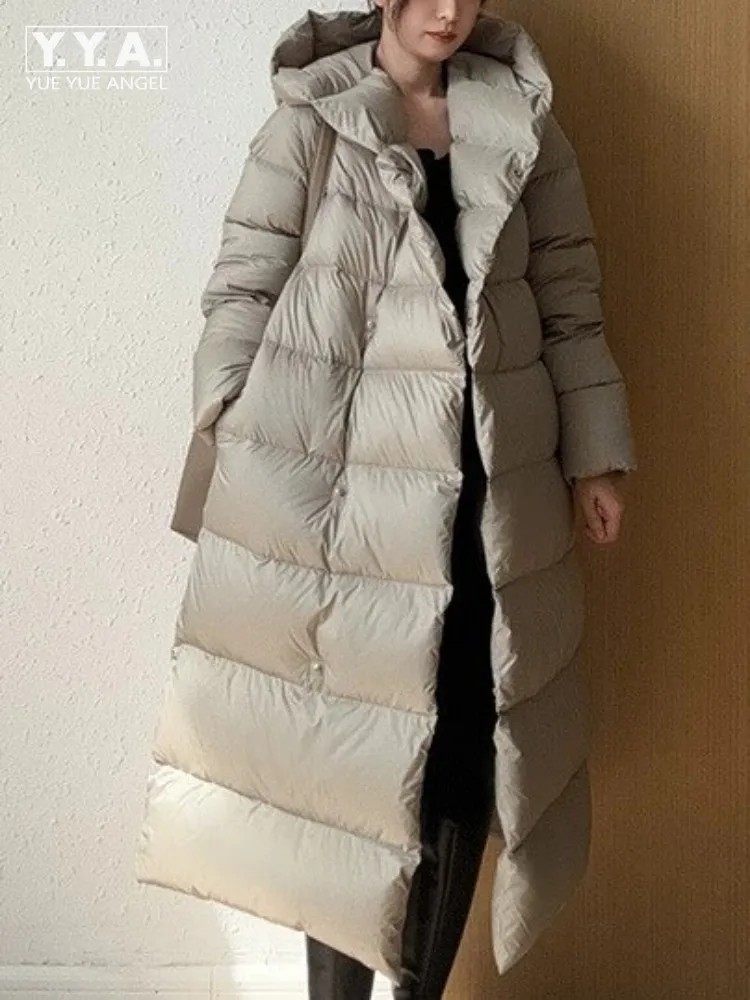 Streetwear Female Hidden Nutton Down Coat Solid Color Hooded Thickened Jacket Fashion Warm Ladies Long Sleeves Loose Outerwear