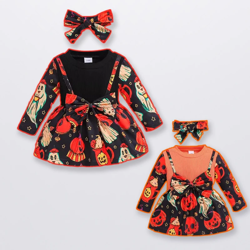 Baby Girl Halloween Dress Toddler Knitted Long Sleeve Pumpkin Ghost Dress False two pieces Suspender Dress Outfit Headband